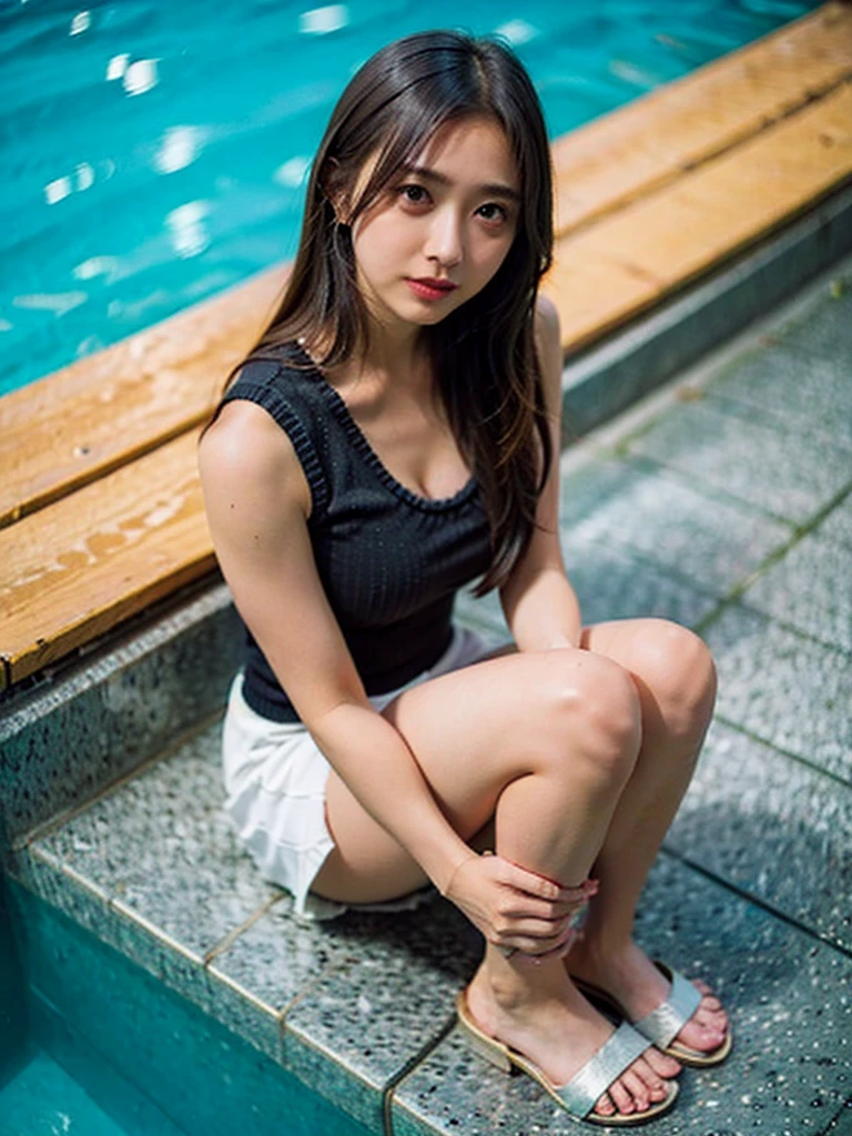 RAW photo, bokeh (realism: 1.4, realistic), high detail CG unified 8K wallpaper, 1girl, (HQ skin: 1.4), 8k uhd, dslr, Front light, high quality, shot by iphone 15 pro max, 21 years old female with long hair,((slim body, skinny, natural big breast, medium shoulder, beautiful legs)),(((height:163cm))), ((wearing knit tank top, black short skirt,cleavage)), (looking at viewer), (((there is a woman sitting on the ground next edge to a pool))), (((aerial shot))), (((Full Body:1.5)))