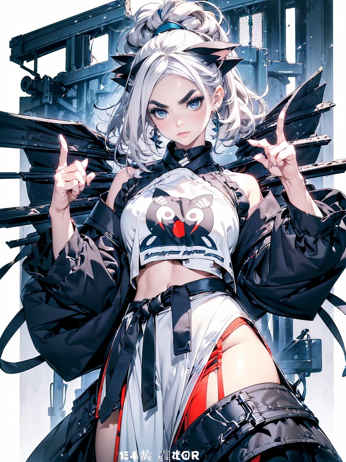 , (White Hair Girl), (Thick, dark blue eyebrows:1.4), (Dark blue eyebrows:1.7), (Thick eyebrows:1.3), (Huge black fluffy animal ears:1.1), (Black animal ears:1.1), BREAK, (((Mesh Stitching Crop T-Shirt, Cutout Long Sleeve Top))),BREAK, (Big Breasts:1.2, Thick legs, Superb thighs:1.3, Adult female body, Sturdy body:1.5, Japanese style costume:1.5, Beautifully colored kimono:1.5,), ((Action pose:1.4 )), (sharp eyes, Ultra-high definition CG, Precisely designed costumes, 4K, 8K, Ultra-high definition CG, Precisely designed costumes, Clear lines, Expressive and Captivating Eyes, Fine Details and Realistic Textures, cinematic lighting), ((white background)), BREAK, (過剰なRuggedThick soleブーツを履いています:1.2), (Thick sole:1.5), (Big shoes:1.3),