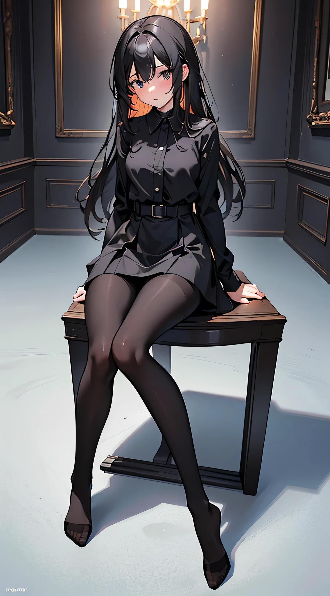 finest, masterpiece, high definition, (full body), front-facing, symmetrical, mature high school girl, solo, (full body from head to toe), small breasts, long hair, slightly messy hair, (black tights), ( (black pantyhose), black pantyhose, (composition where she is made to sit and lift her legs and make her legs open), I'm not wearing shoes、smile、sitting on a park bench、, looking at camera, showing white panties, white frilly lingerie, high blazer, high White blouse, high with blue ribbon, high with short plaid pattern and navy pleated skirt, Lacus Clyne