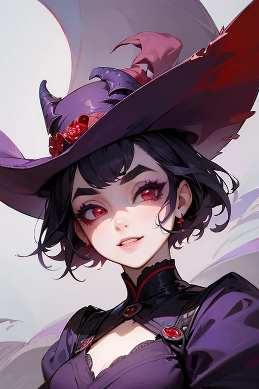 (Highest quality, masterpiece:1.2), High resolution, Very detailed, Realistic:1.37, Fantasy, An illustration, Red eyes, Queen, Purple Dress.Platinum decoration、beautifully、Eyeshadow Red、Thick eyebrows、Long eyelashes、pupils are black、Short hair、Smiling with teeth showing、Dracula&#39;s castle in the background、Red lace underwear、
