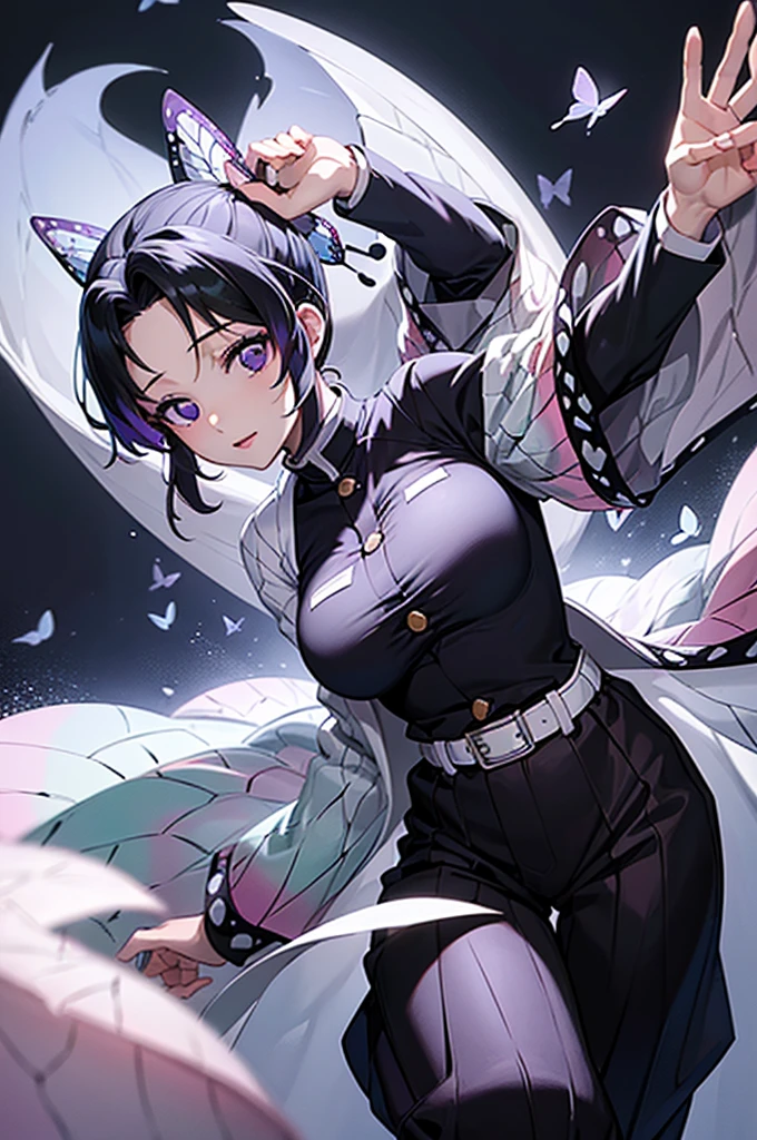 (masterpiece:1.3), (best quality:1.1), (8k, ultra detailed, ultra high res:1.2), ((anime style)), perfect 5 fingers, perfect anatomy,
1girl,
Shinobu Kochou,
BREAK short hair, black hair, hair intakes, gradient hair,
purple eyes,
bow in hair, butterfly,
large breasts,
BREAK black shirt, black tethered pants, white haori,
looking at viewer,
cowboy shot,
perfect light,