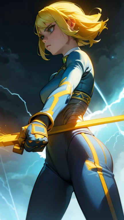 a powerful thunder ranger with a beautiful face, small breasts, wearing a tight suit, with yellow hair, wielding alien weapons, against a dramatic thunder backdrop, ultra-detailed, 8k, highly realistic, cinematic lighting, dramatic colors