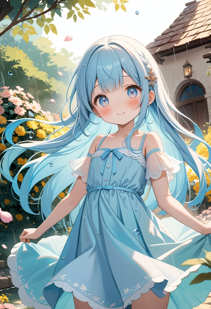 masterpiece, best quality, extremely detailed, (illustration, official art:1.1),adorable face、 1 girl ,(((( light blue long hair)))),pale blue hair,, long hair ((blush)) , cute face, big eyes, masterpiece, best quality,(((((a very delicate and beautiful girl))))),Amazing,beautiful detailed eyes,blunt bangs((((little delicate girl)))),tareme(true beautiful:1.2), sense of depth,dynamic angle,,,, affectionate smile, (true beautiful:1.2),,(tiny 1girl model:1.2),)flat chest、(Best Quality, 8K, masutepiece:1.2, NSFW ),Cutest,Cute Girl,mesugaki,Beautiful face,Beautiful eyes,Beautiful hair, Light blue hair,,soft sunlight,rain falling,Drooping water droplets,Nice dress,Innocent smile,playful pose,Atmosphere of bliss,Sober background,dreamy ambiance,Lively atmosphere,sparkling dew,Happy look,enchanting charm,magical garden,PastelColors,gentle wind,Dainty features,Delicate petals,Adorable beauty,Fascinating landscapes.
