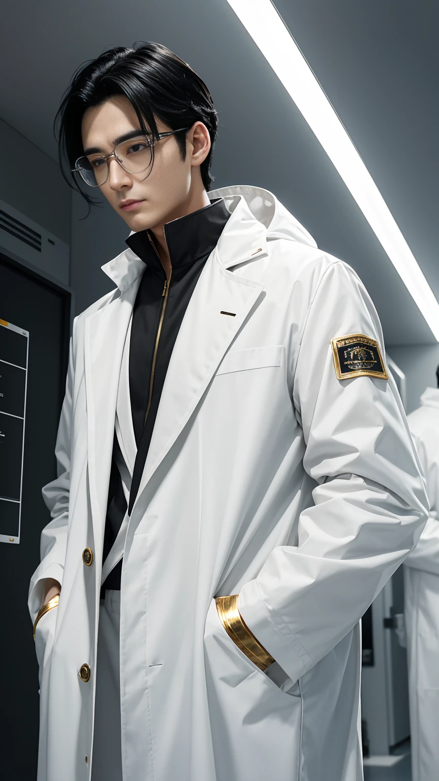 a scientist man with black hair wearing a white coat with gold details