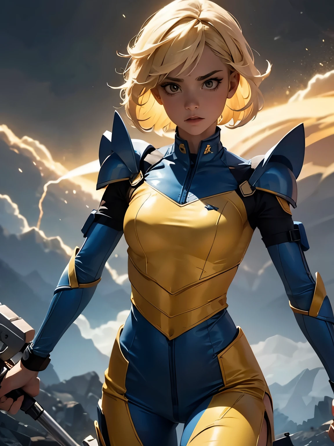 a powerful thunder ranger with a beautiful face, small breasts, wearing a tight suit, with yellow hair, wielding alien weapons, against a dramatic thunder backdrop, ultra-detailed, 8k, highly realistic, cinematic lighting, dramatic colors