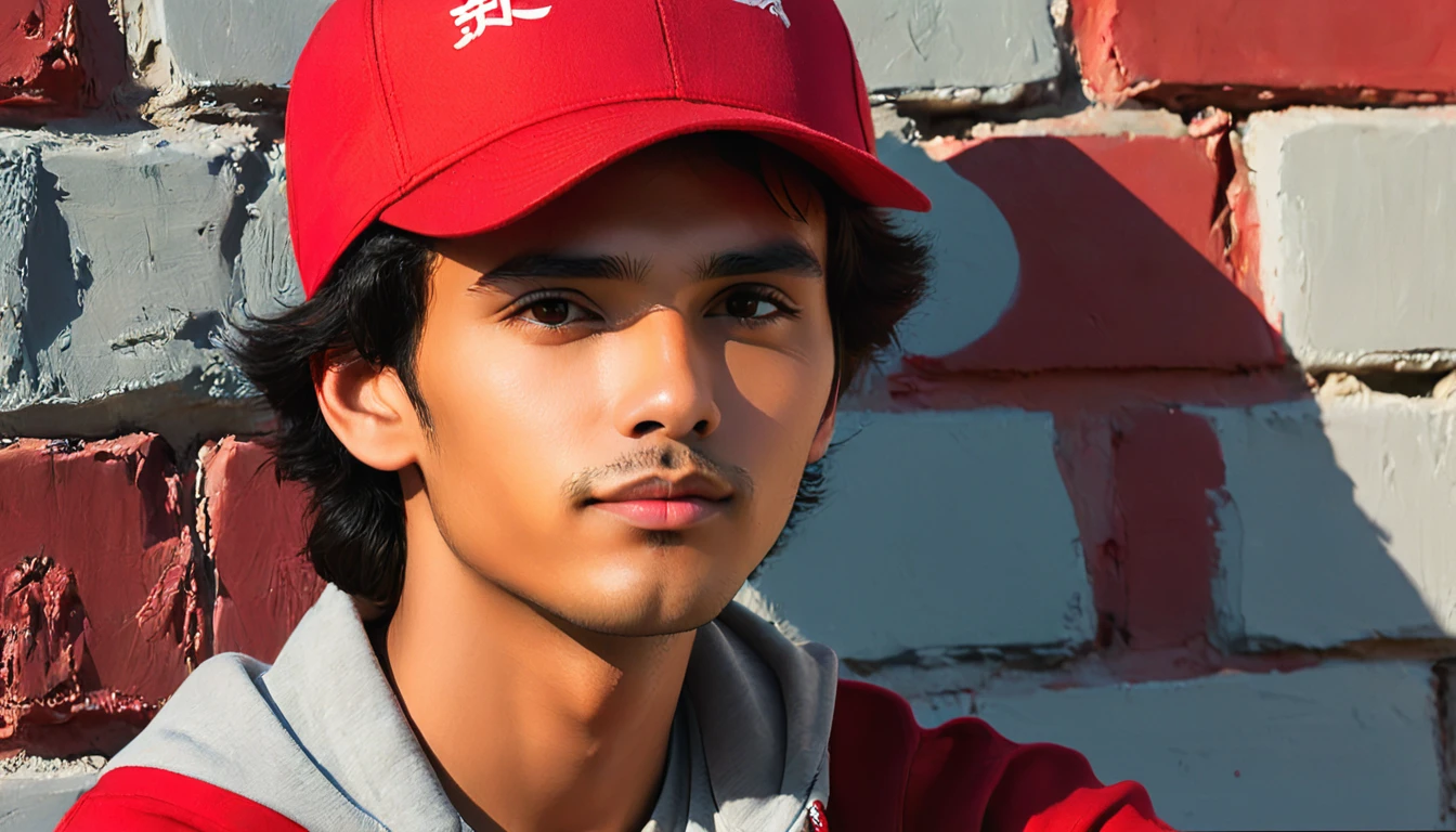 Arav man wearing red hat sitting in front of wall, Avatar Profile Picture, About 19 years old, Half body headshot, 1 / 2 Headshot, Filmed in the early 2020s, High quality portrait, 1 / 4 Headshot, Professional Profile Picture, Profile photo, facial photo, The afternoon light is beautiful, Attractive photos, Brandon, Nice face