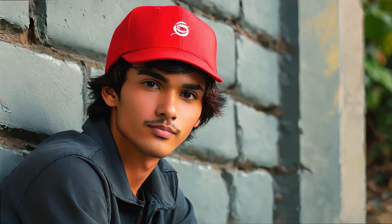 Arav man wearing red hat sitting in front of wall, Avatar Profile Picture, About 19 years old, Half body headshot, 1 / 2 Headshot, Filmed in the early 2020s, High quality portrait, 1 / 4 Headshot, Professional Profile Picture, Profile photo, facial photo, The afternoon light is beautiful, Attractive photos, Brandon, Nice face