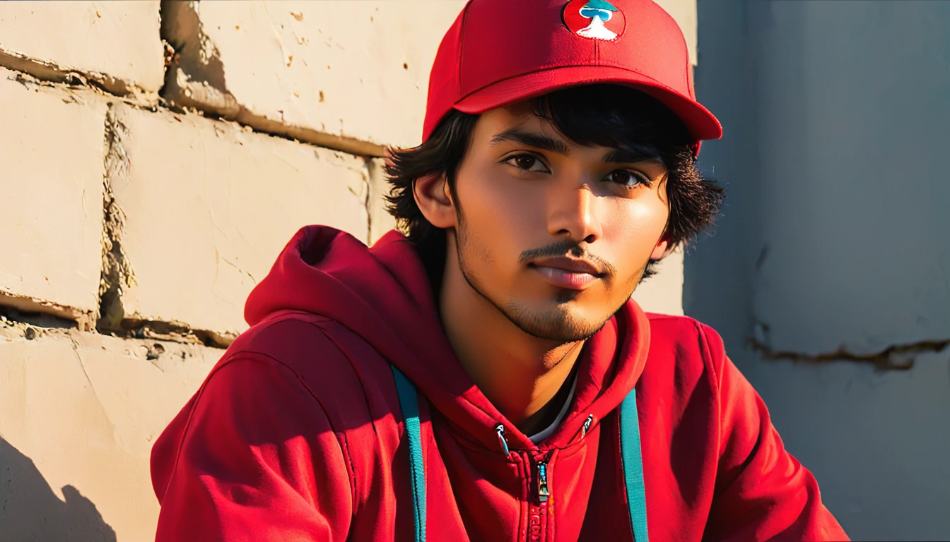 Arav man wearing red hat sitting in front of wall, Avatar Profile Picture, About 19 years old, Half body headshot, 1 / 2 Headshot, Filmed in the early 2020s, High quality portrait, 1 / 4 Headshot, Professional Profile Picture, Profile photo, facial photo, The afternoon light is beautiful, Attractive photos, Brandon, Nice face