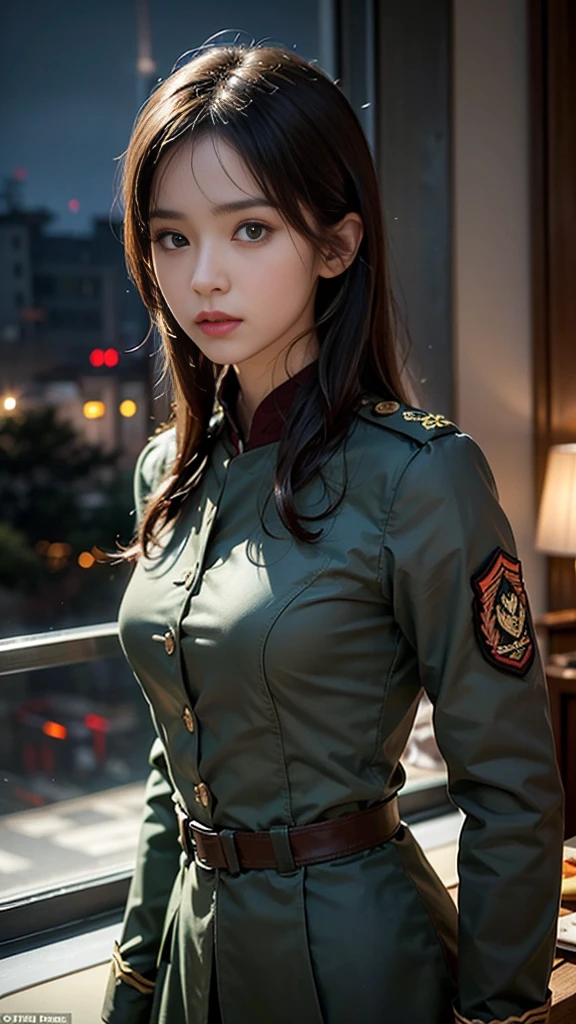 (masterpiece:1.2, Highest quality), 1 Female, night, alone, photoRealistic, sf film, sf, sf, war, Upper Body, Small breasts, Focus on the face, Realistic, Pastel drawing, Powerful, intellectual, Sensual, Fine grain (Intimidating look, Brown eyes) In good detail, Long black hair, The best CG, (wearing German red 2 world war general uniform), army, Area Force,  armyの偉大さ,