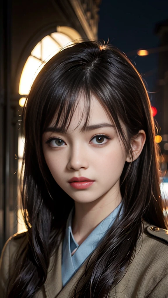 (masterpiece:1.2, Highest quality), 1 Female, night, alone, photoRealistic, sf film, sf, sf, war, Upper Body, Small breasts, Focus on the face, Realistic, Pastel drawing, Powerful, intellectual, Sensual, Fine grain (Intimidating look, Brown eyes) In good detail, Long black hair, The best CG, (wearing German red 2 world war general uniform), army, Area Force, armyの偉大さ,