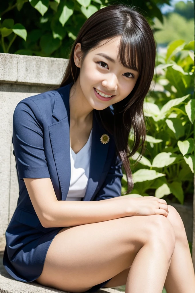 Pure Japanese girl, outstanding body, beautiful legs, wearing traditional suits, natural hairstyles, sweet smile, sitting, refreshing in early summer, composition from the front,