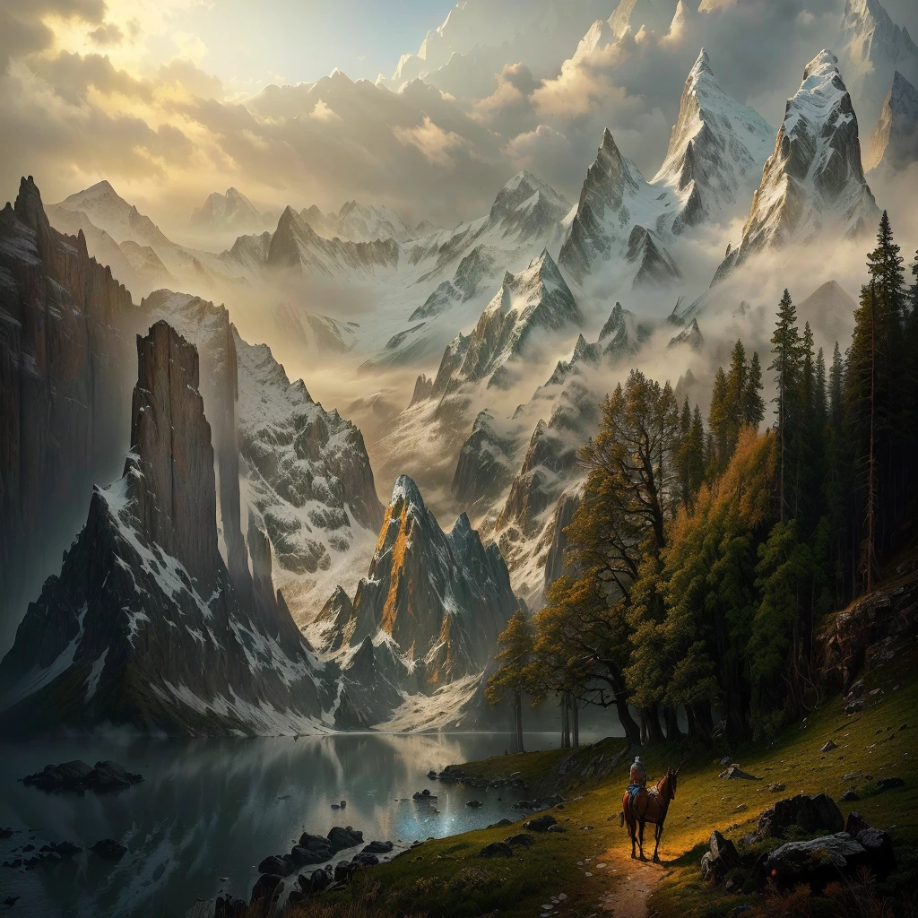 painting of a mountain scene with a man and a horse, middle earth landscape, most epic landscape, impressive fantasy landscape, fantasy art landscape, an epic landscape, fantasy matte painting, beautiful oil matte painting, high fantasy matte painting, epic landscape, epic beautiful landscape, matte painting scenery, 4k fantasy art, epic fantasy landscape, beautiful matte painting, epic scenery