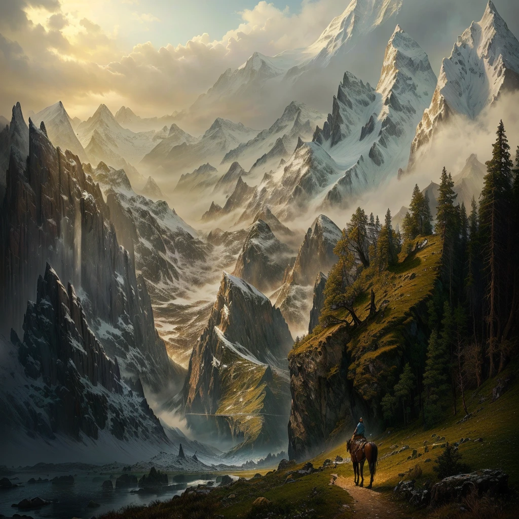 painting of a mountain scene with a man and a horse, middle earth landscape, most epic landscape, impressive fantasy landscape, fantasy art landscape, an epic landscape, fantasy matte painting, beautiful oil matte painting, high fantasy matte painting, epic landscape, epic beautiful landscape, matte painting scenery, 4k fantasy art, epic fantasy landscape, beautiful matte painting, epic scenery