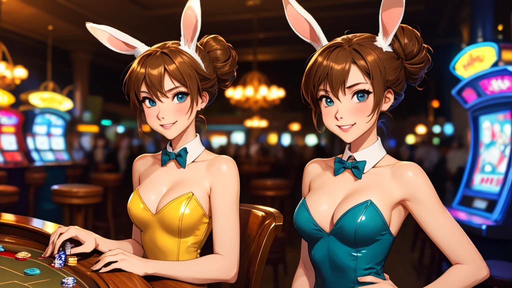 masterpiece, best quality, 1girl, solo, Soryu Asuka Langley, Random pose, looking at viewer, breasts, playful, smiling, mature female, collarbone, janeporter, short hair, hair bun, playboy bunny, detached collar, fake animal ears, rabbit ears, rabbit tail, cyberpunk, neon lights, indoors, casino, yellow leotard, bowtie, depth of field,