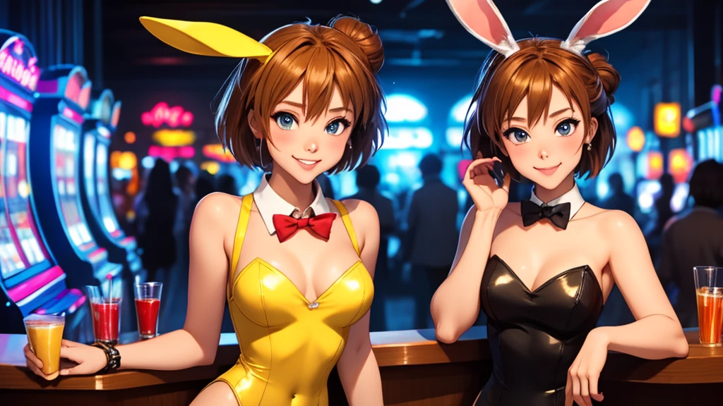 masterpiece, best quality, 1girl, solo, Soryu Asuka Langley, Random pose, looking at viewer, , playful, smiling, mature female, collarbone, janeporter, short hair, hair bun, playboy , detached collar, fake animal ears, rabbit ears, rabbit tail, cyberpunk, neon lights, indoors, casino, yellow leotard, bowtie, depth of field,