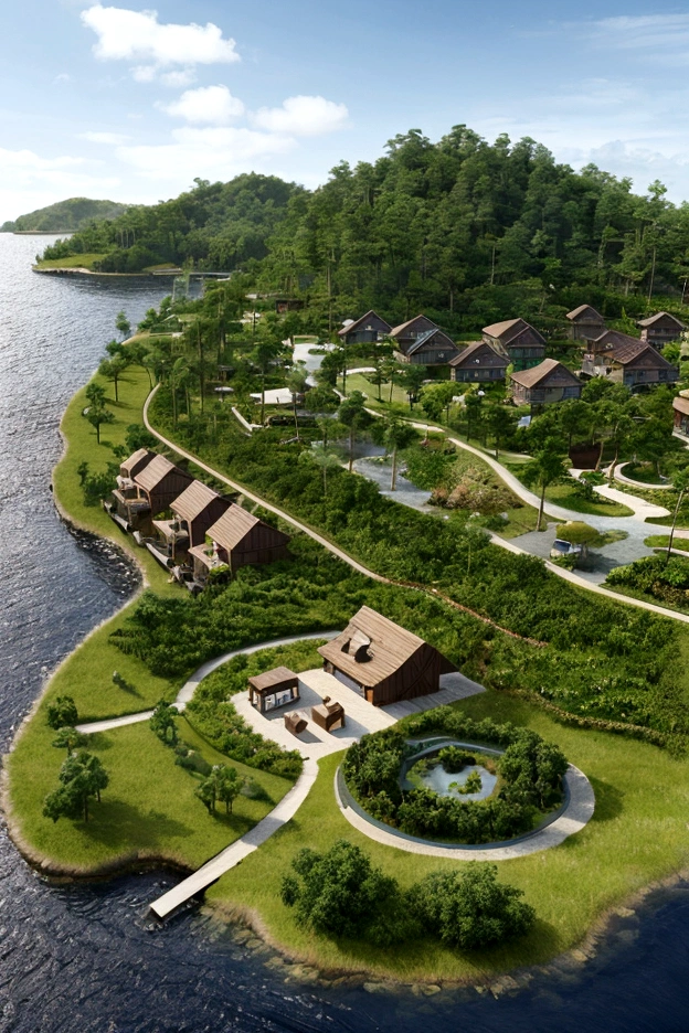 Create a civilization on an island, not so advanced, houses made of wood, Plantations