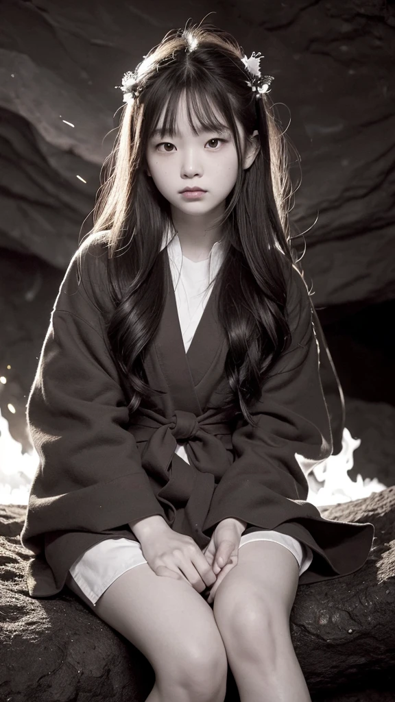 (Highest quality, masterpiece), (One girl, alone,Brown robes, expression, avert your eyes, Sitting, Wide sleeves, Iris, Mouth closed, Ribbon-shaped fire on head, Long Hair, Cowboy Shot), (Monochrome, Night sky at the cave entrance , Light rising from below, Inside the cave, A bunch of floating glowing white particles, Burning fire at hand, Many small fires are floating),