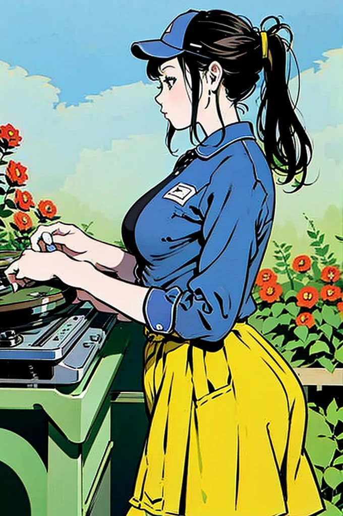 Blue baseball cap、Blue polo shirt、profile、Large Breasts、Big Ass、girl、ponytail、Black Hair、sunny、garden