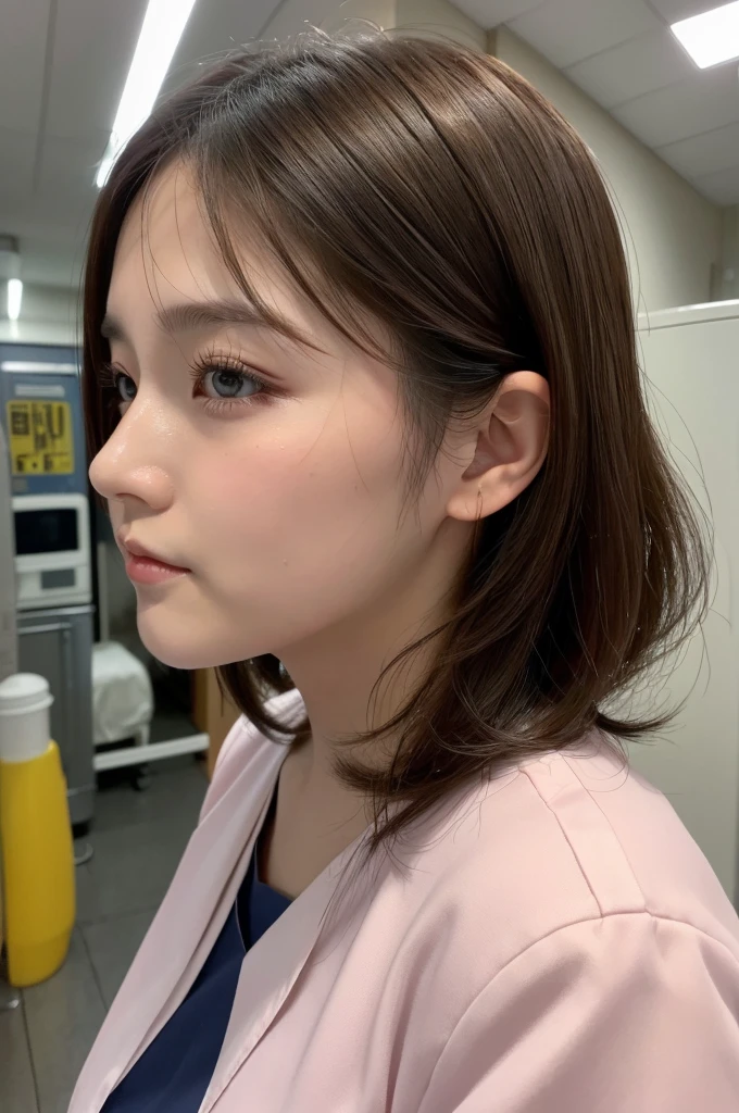 (1 Girl )、(Beautiful Japanese、30years old,round face、Refreshing、clear、seems kind、stylish、Pitiful、cute like an angel、cute、black eyes、(Single eyelid:1.3)、Beautiful skin), {(Japan human face:1.4),(General facial features)} , (((Beautiful breasts:0.4))),(((soft breasts))),(very cute),(updo, hair tendrils,brown hair,),(enchanting eyes),(highlight on eyes:1.2)、(8K、Live shooting、highest quality、masterpiece:1.2、optimal lighting)、((masterpiece)),(Photo taken by a professional photographer),(real、photo real:1.4),BREAK,((taraditional nurse uniform))},(cleavage:0.5)},( ennui),(cheeks are red:1.3), break, hospital,Face shot:1.0、 face close-up,,(((1970s vibe)))、Hospital corridor,dynamic angle,,standingm,((((side shot))))