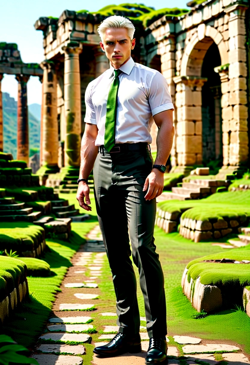 motorcycle, A man with a toned body, Solitary, White hair, short hair, Black and gray social shirt, Black and gray trousers, Black social shoes, Serious look, Light green eyes, Ancient ruins, Moss green tie.