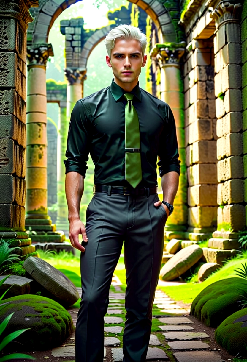 motorcycle, A man with a toned body, Solitary, White hair, short hair, Black and gray social shirt, Black and gray trousers, Black social shoes, Serious look, Light green eyes, Ancient ruins, Moss green tie.