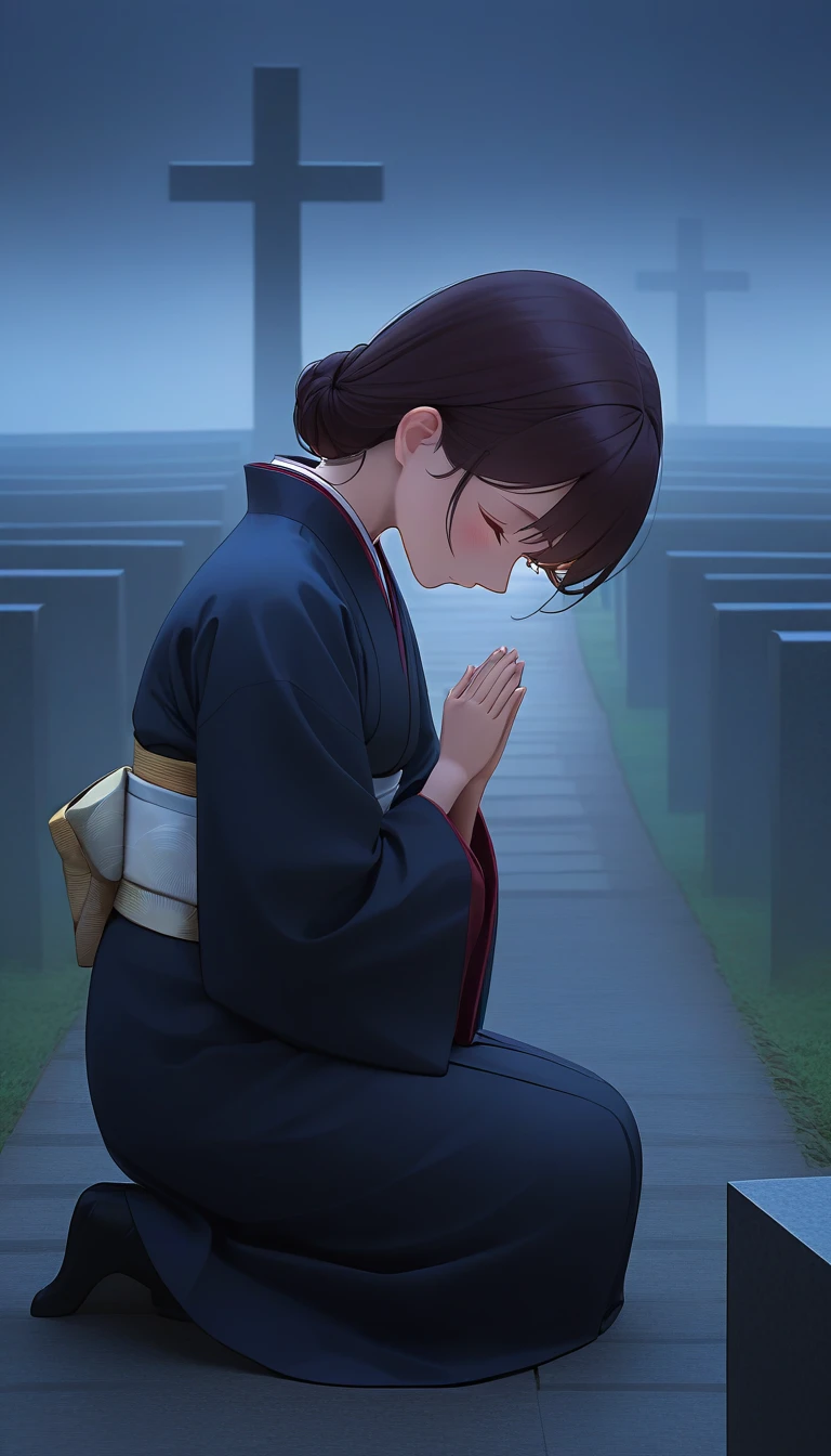 A woman praying with her hands together in front of a Japanese grave