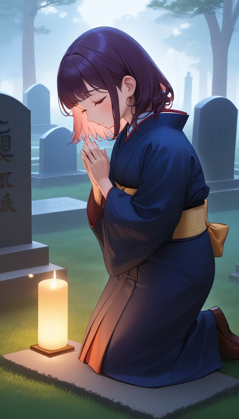 A woman praying with her hands together in front of a Japanese grave