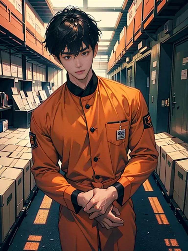 Handsome korean man. 24 years old, prisoner, perfect male body, look at the camera, (Orange prison uniform)portrait,dramatic shadow,Ray tracing, Best quality, Cinematic lighting, Extremely detailed CG, 8K wallpaper,Complicated.covering his eyes