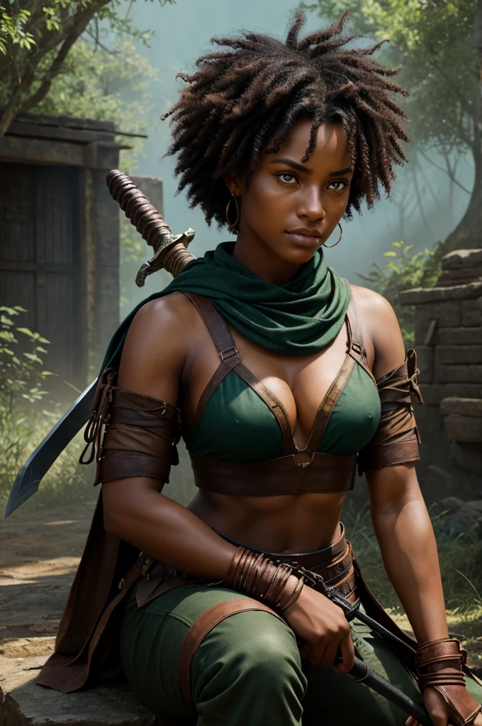 A fierce , dark-skinned warrior woman with short, curly hair, clad in earthy tones of green and brown, holds a large, glowing sword aloft. She wears a red bandana and has a small, black cat with glowing blue eyes perched on her shoulder. Her expression is determined, her eyes focused on the viewer. She sitting on a roack in a confident, peaceful pose, ready to defend herself and her allies. 

[Digital art, semi-realistic style, reminiscent of the work of Greg Rutkowski and Brom]

[The background is a vibrant, abstract blur of color, with a focus on the warrior and her weapon. The lighting is dramatic, with a strong light source coming from the sword. The colors are rich and saturated, with a focus on warm tones. The overall effect is one of power and strength.]