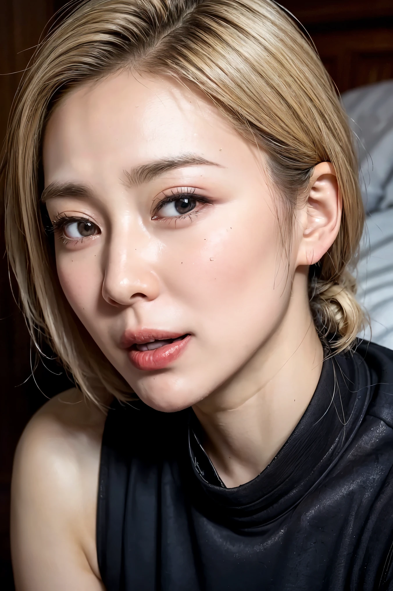 (Realistic:1.3、Ultra HD、Ultra-high resolution、8K、Female Japanese Housewife、寝室でBlowjobチオをするMature Woman、At the bed)、((Look Viewer:1.8))、(Extremely realistic skin texture:1.4)、(Realistic:1.3)、short hair、((Embarrassed expression:1.5))、(blonde:1.5)、48-year-old woman、Mature Woman、Ponytail Hairstyles、(Brown eyes:1.3)、(Face close-up:1.22)、(Sweaty:1.2)、(Nipplesを見せる)、((衣服から突き出たNipples,))、dress、美しいNipples、Nipples、(Shooting from the side:1.1)、Drooling、((Blowjobチオ、Blowjob、Cum in mouth、Bukkake))