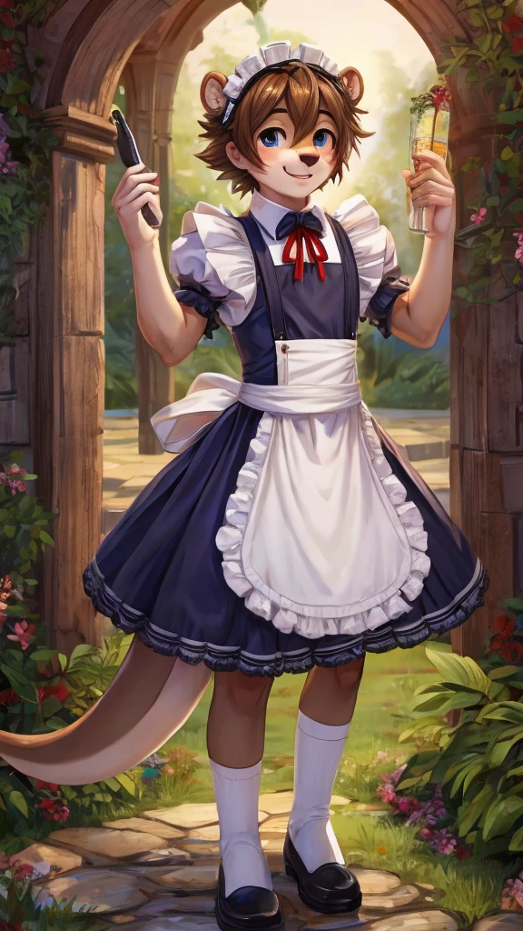 A boy halfway transforming into otter maid