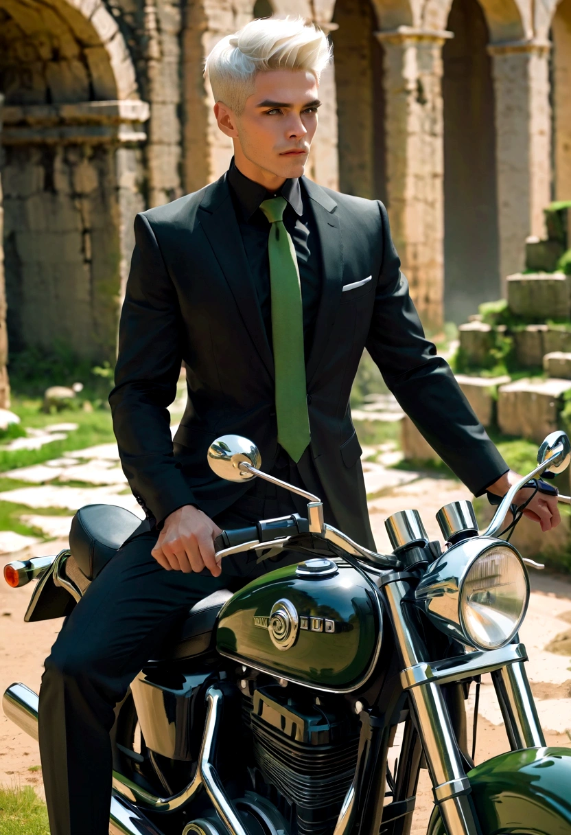 motorcycle, A man with a toned body, Solitary, White hair, short hair, Black and gray social shirt, Black and gray trousers, Black social shoes, Serious look, Light green eyes, Ancient ruins, Moss green tie.