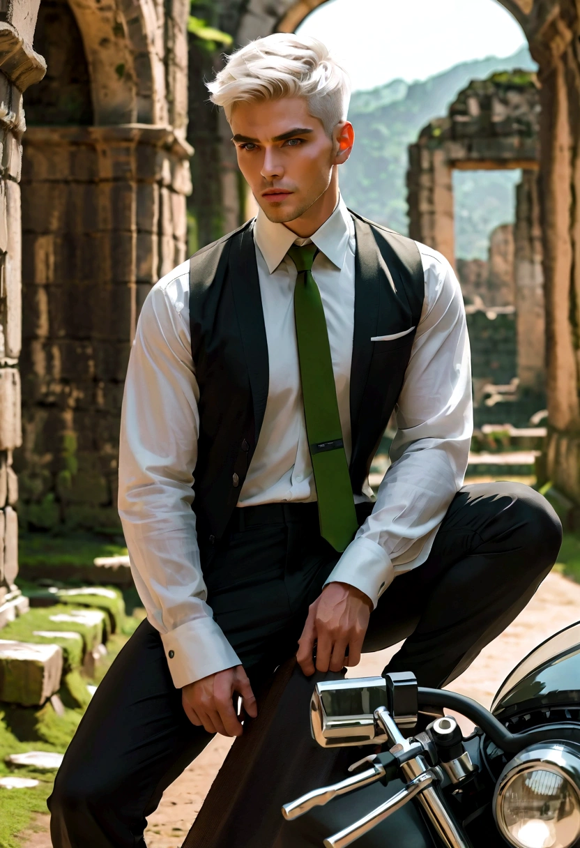 motorcycle, A man with a toned body, Solitary, White hair, short hair, Black and gray social shirt, Black and gray trousers, Black social shoes, Serious look, Light green eyes, Ancient ruins, Moss green tie.