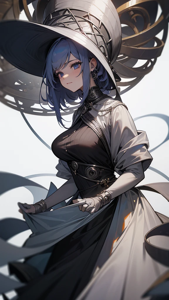 a woman in a dress made of metal spirals with a large hat made of a metal spiral