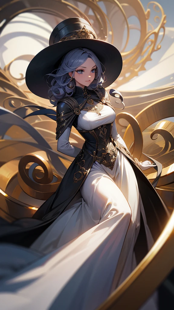 a woman in a dress made of metal spirals with a large hat made of a metal spiral  