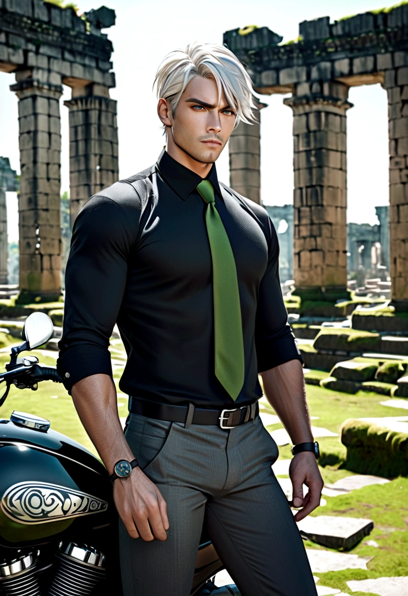 motorcycle, A man with a toned body, Solitary, White hair, short hair, Black and gray social shirt, Black and gray trousers, Black social shoes, Serious look, Light green eyes, Ancient ruins, Moss green tie.