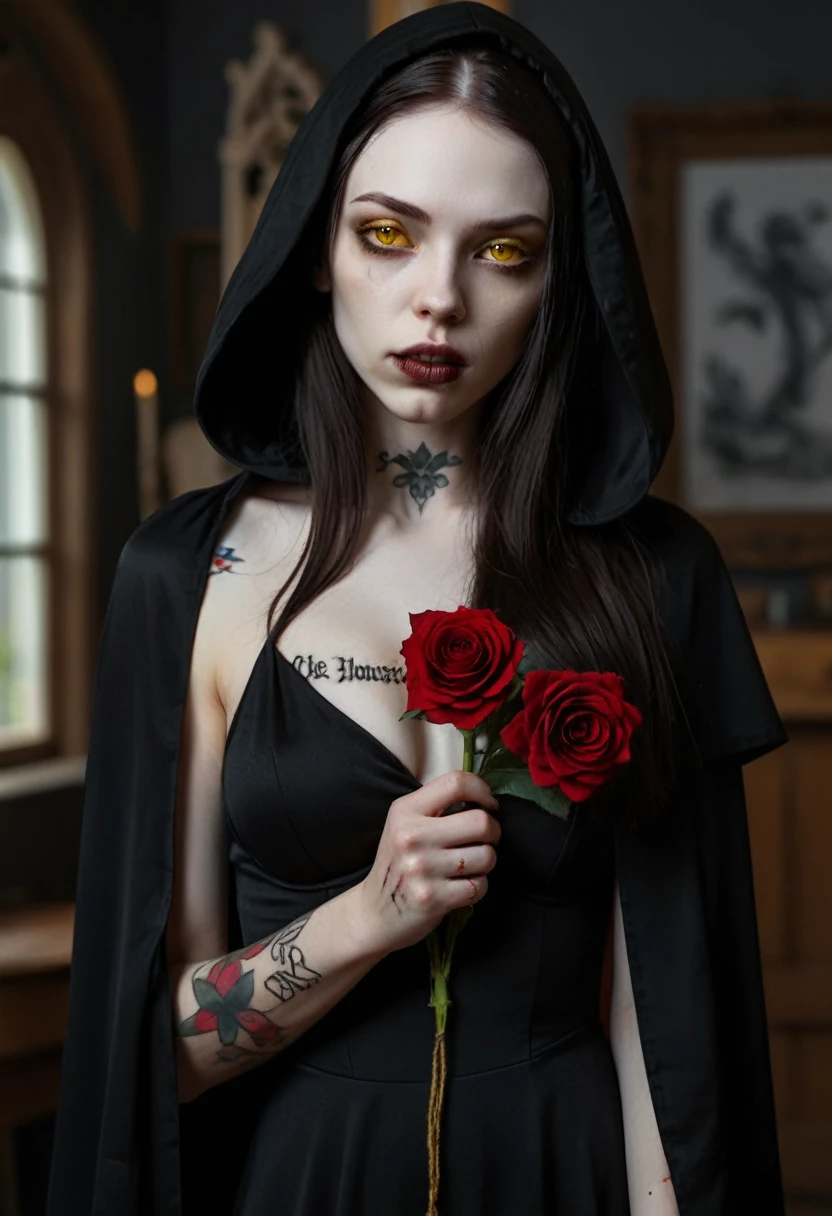 Cassandra has dark brown hair, yellow eyes, very pale, blood around her mouth, she wears a long black dress with hood and a cape. behind his back and a flower tattoo on his forehead with the sign of the House Dimitrescu. [Woman] [Beautiful] [Vampire] [Black dress] [Blood]