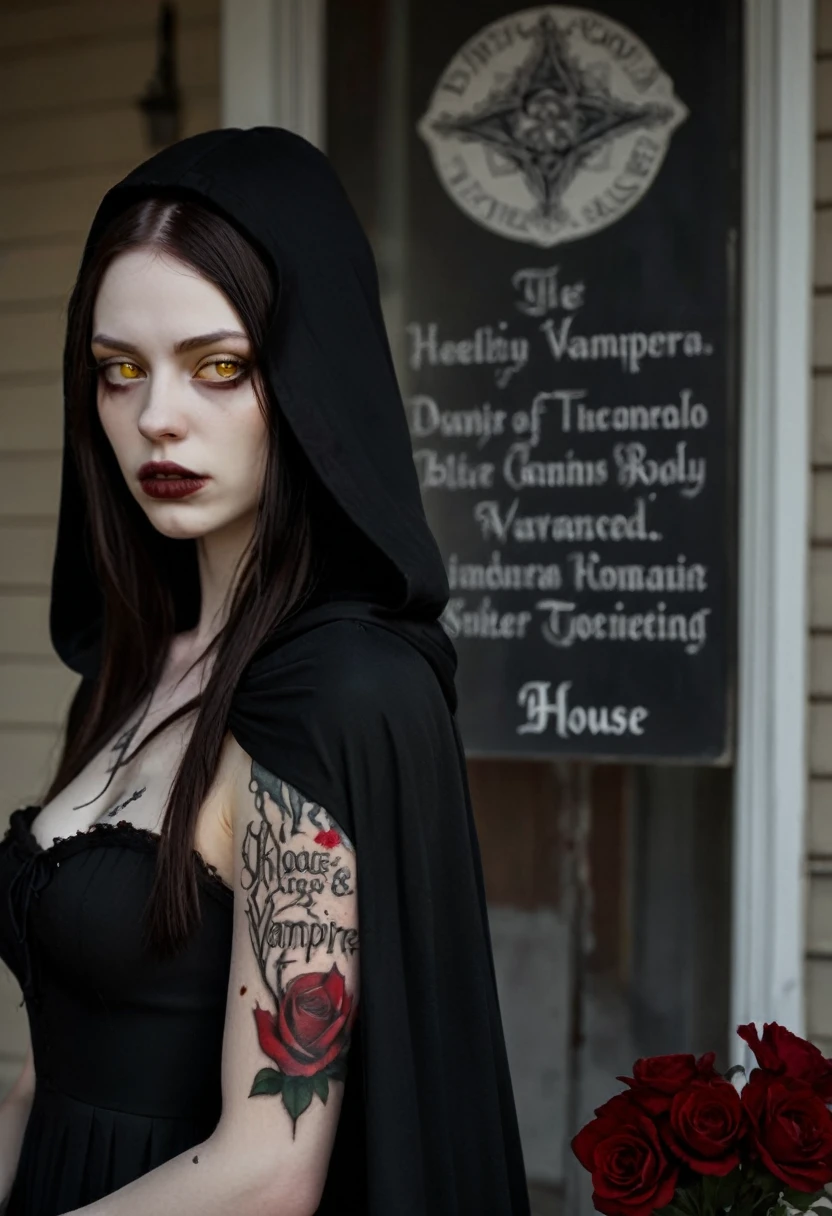 Cassandra has dark brown hair, yellow eyes, very pale, blood around her mouth, she wears a long black dress with hood and a cape. behind his back and a flower tattoo on his forehead with the sign of the House Dimitrescu. [Woman] [Beautiful] [Vampire] [Black dress] [Blood] [Very pale skin]