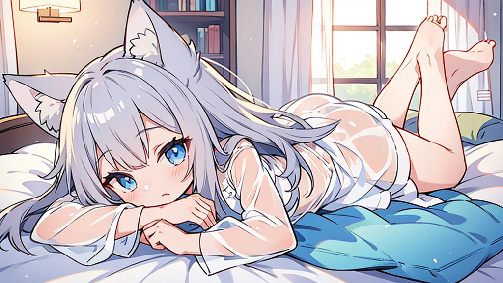 Highest quality Gray Hair Long Hair Fox ears See-through One girl Blue Eyes child Bed