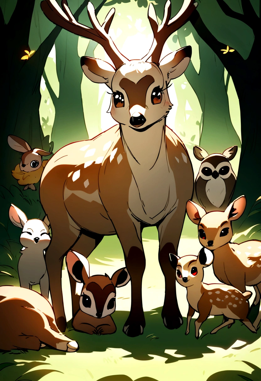 masterpiece, Best quality, ultra detailed, animals, cartoon, fawn, Reindeer, Bunnies, raccoons, birds, an owl, against the backdrop of a fairytale forest, bambi, high saturation, better lighting, best shadow