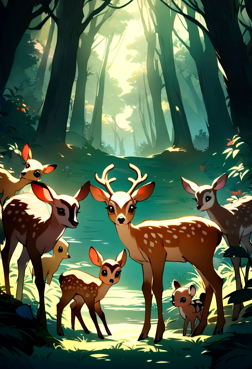 masterpiece, Best quality, ultra detailed, animals, cartoon, fawn, Reindeer, Bunnies, raccoons, birds, an owl, against the backdrop of a fairytale forest, bambi, high saturation, better lighting, best shadow