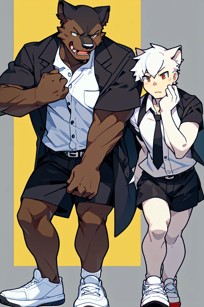 Yellow Screen, a black panther, anthropomorphic, menswear, wearing a simple school dress shirt with white buttons, White hair, red jordan shoes are black, short pants are black, naughty expression, holding a wolf from behind ( your boyfriend) brown skin is white, White hair, white shirt with white buttons, white jordan shoes are gray, short shorts are black, both are 18 years old, male athletic bodies, beautiful, naughty expression, (4 k image) (best body) (best expression) (Better appearance) (Both are anthropomorphic).