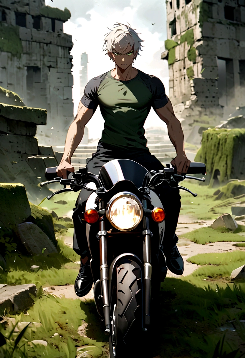 motorcycle, A man with a toned body, Solitary, White hair, short hair, Black and gray social shirt, Black and gray trousers, Black social shoes, Serious look, Light green eyes, Ancient ruins, Moss green tie.
