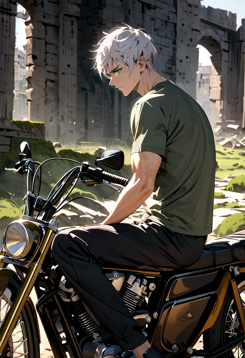 motorcycle, A man with a toned body, Solitary, White hair, short hair, Black and gray social shirt, Black and gray trousers, Black social shoes, Serious look, Light green eyes, Ancient ruins, Moss green tie.