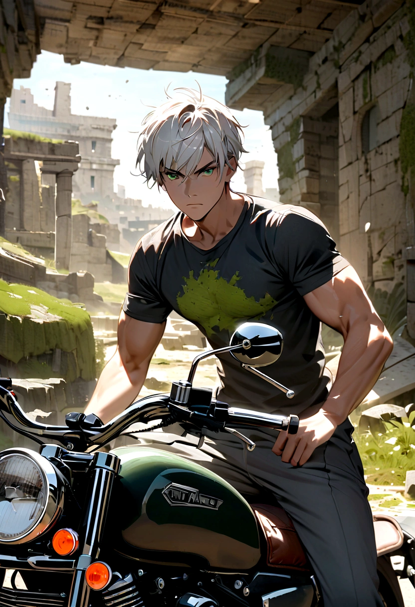 motorcycle, A man with a toned body, Solitary, White hair, short hair, Black and gray social shirt, Black and gray trousers, Black social shoes, Serious look, Light green eyes, Ancient ruins, Moss green tie.