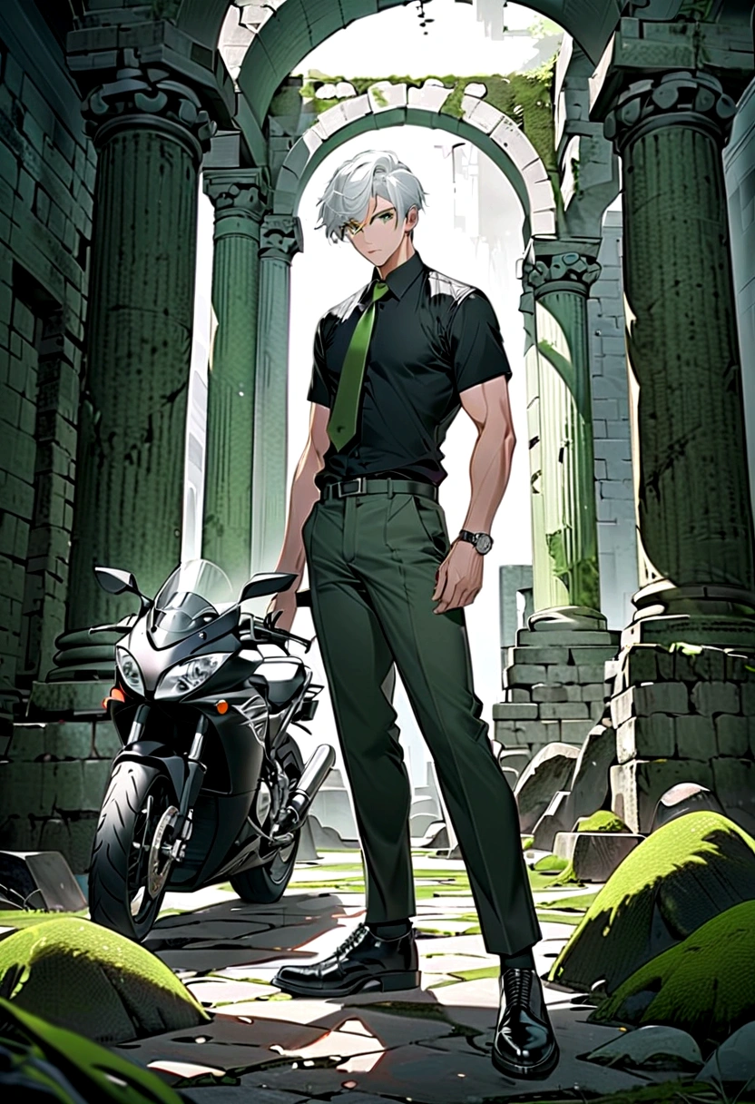 motorcycle, A man with a toned body, Solitary, White hair, short hair, Black and gray social shirt, Black and gray trousers, Black social shoes, Serious look, Light green eyes, Ancient ruins, Moss green tie.