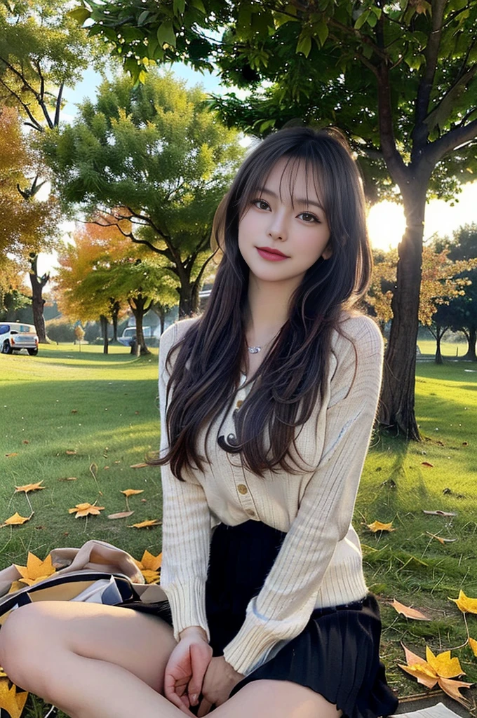 8K resolution、Ultra-high-definition CG images、One Girl, (Sit on the grass leaning against a tree, Reading a book, Knees together, Spread your legs, Under the skirt, (Hairy:1.1), (pubic hair:1.1), (View from the front, Low angle), one piece, detailed, morning, sunrise, High resolution, super high quality, super masterpiece, autumn leaves,