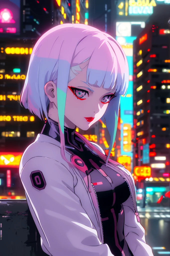 lucy walking in city \(Cyberpunk\), looking a espectator, 1girl, hair scrunchie, hime-cut, Silver hair, colored tips, full moon, With gray eyes, ((olhos detalhados)), Jacket, Long sleeves, view the viewer, Medium hair, Colorful hair, Bangs separated, lips parted, Pink-haired, Portrait, Red eyeliner, Redlip, Solo, White jacket, cyber punk perssonage\(Series\), Rainy night in neon-lit cyberpunk city,Two-dimensional,cyberpunk edgerunners, fidelidade a lucy do cyberpunk 2077, ((bokeh background))