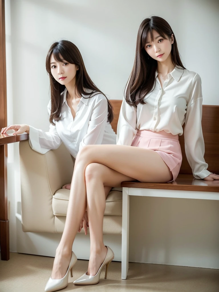 High heels、blouse、Mid-length skirt 、(Highest quality)、((Very detailed))、4K、(8K)、masterpiece、Very detailedな、Highest quality、Super Resolution、1 person、Kind Face、Soft Light、RAW quality、Soft Skin、163cm、White Room、Sit on a chair