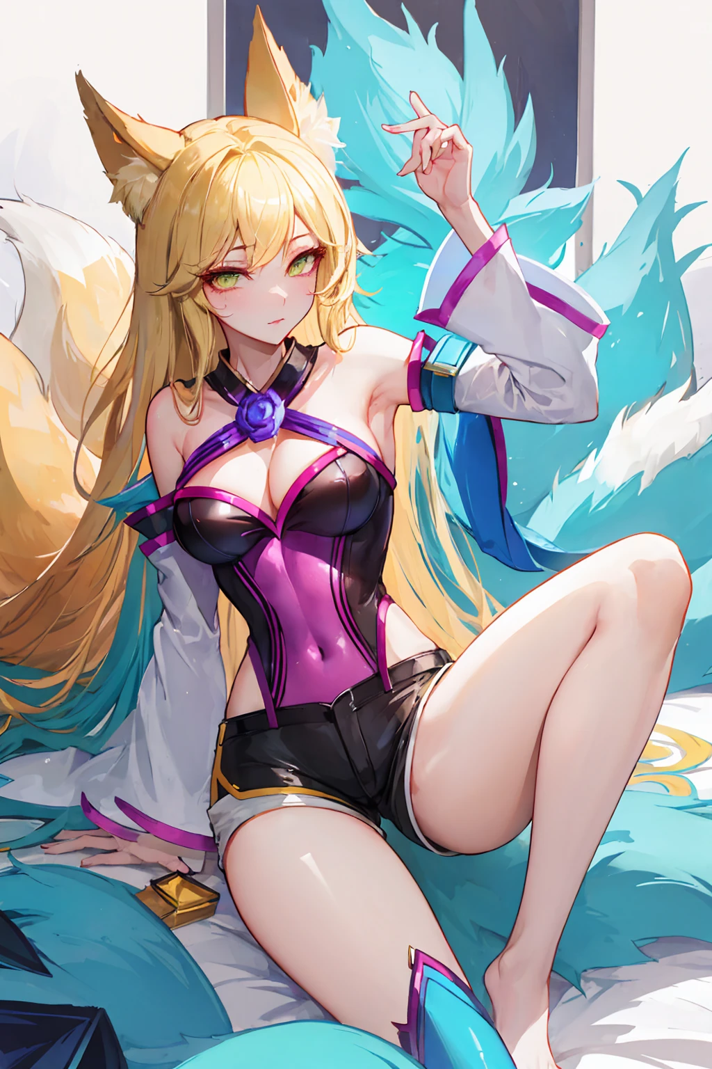 Masterpiece, high quality, kda ahri, ahri, fox hears, blonde, tight shorts, medium breasts, sexy, thick thighs, wide hips, blonde hair, posing, bedroom